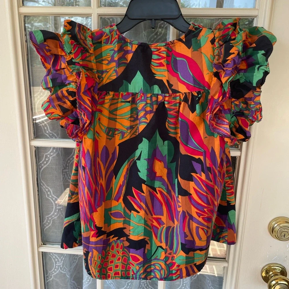 House of Harlow 1960 Size L 🌺 Bold Tropical Ruffle Sleeve Blouse Nicole Richie - Picture 3 of 5